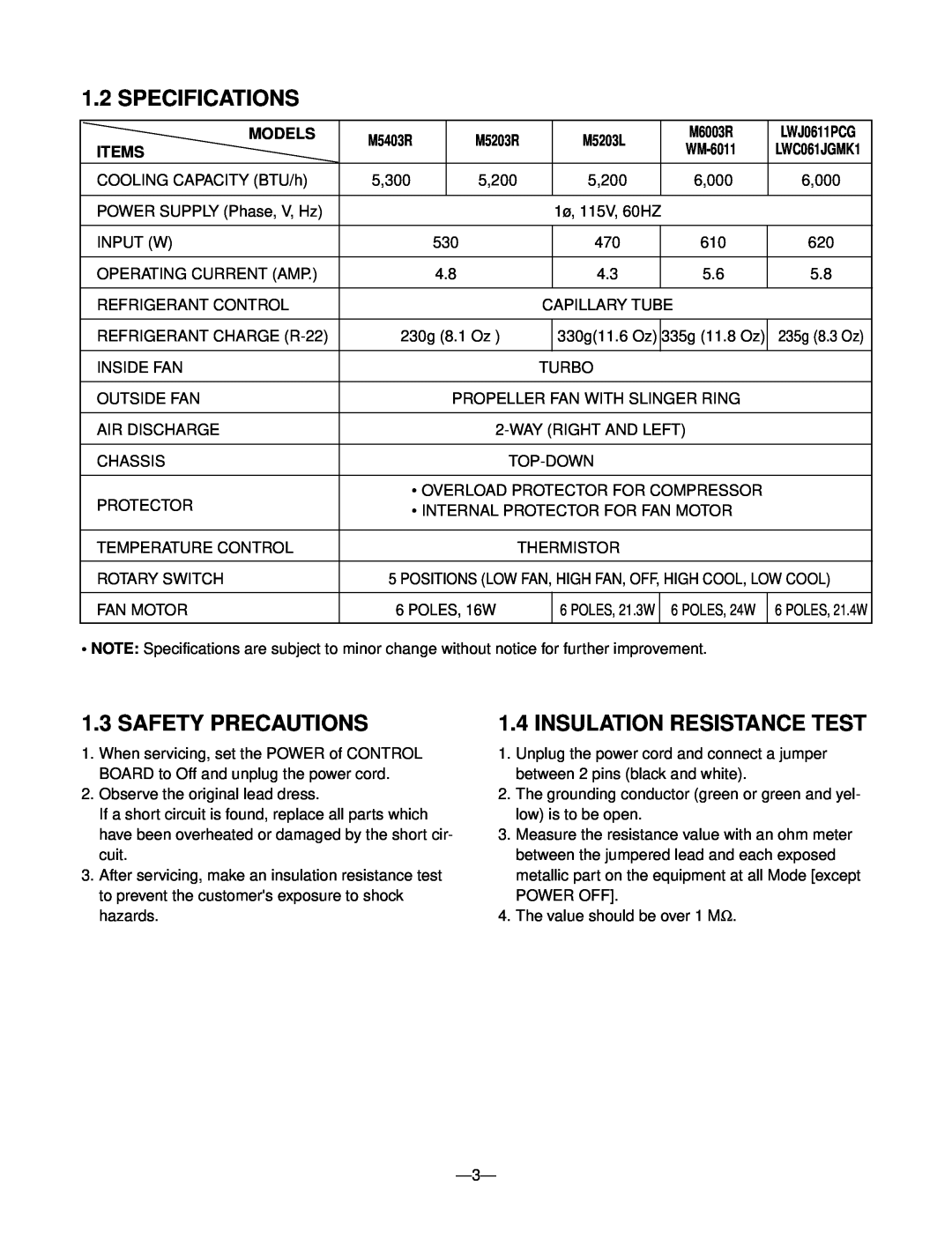 Goldstar M5203L, WM-6011 Specifications, Safety Precautions, Insulation Resistance Test, Models, M5203R, M6003R, Items 