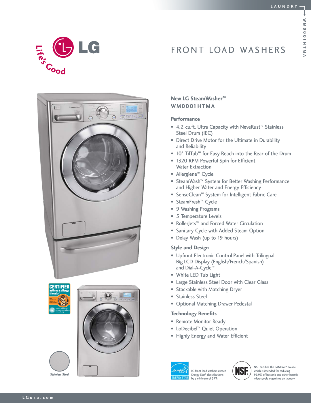 Goldstar manual F Ro N T Loa D Wa S H E R S, New LG SteamWasher WM0001HTMA, Performance, Style and Design 