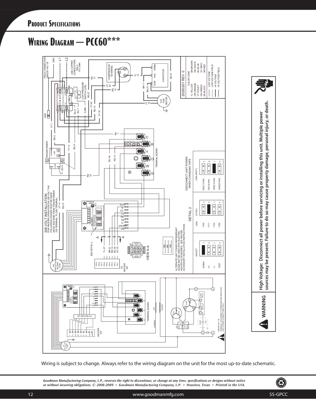 Goodman Mfg 10.3 EER specifications Wiring Diagram PCC60, 20283201 REV 