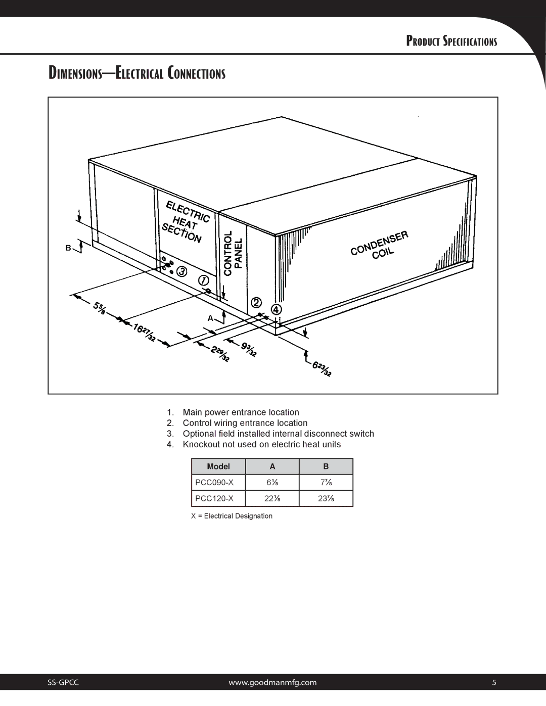 Goodman Mfg 10.3 EER specifications DIMENSIONS-ELECTRICAL Connections, PCC090-X PCC120-X 22⅛ 