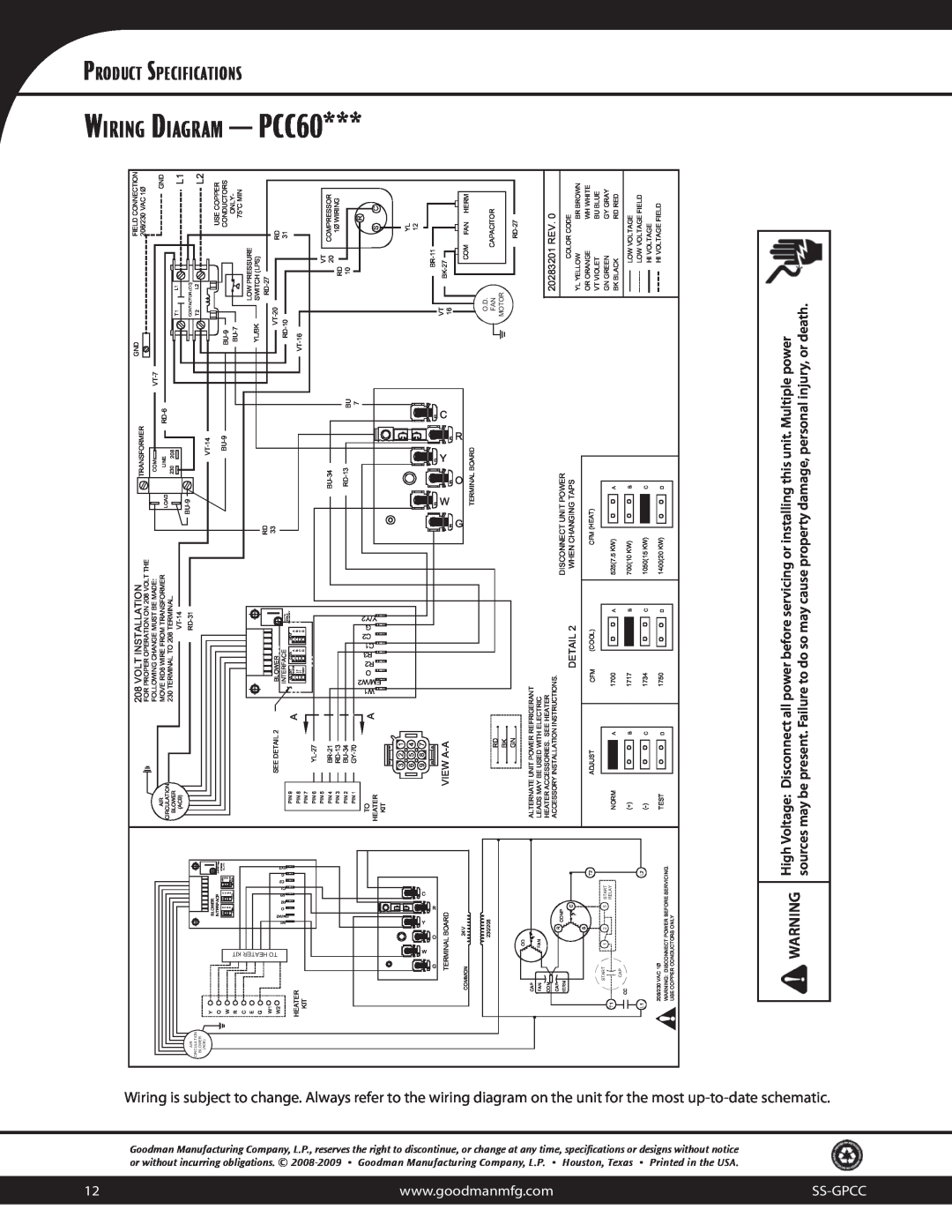 Goodman Mfg 10.3 EER specifications Ss-Gpcc, Product Specifications, 20283201 REV, A-Aview, Disconnect Unit Power 