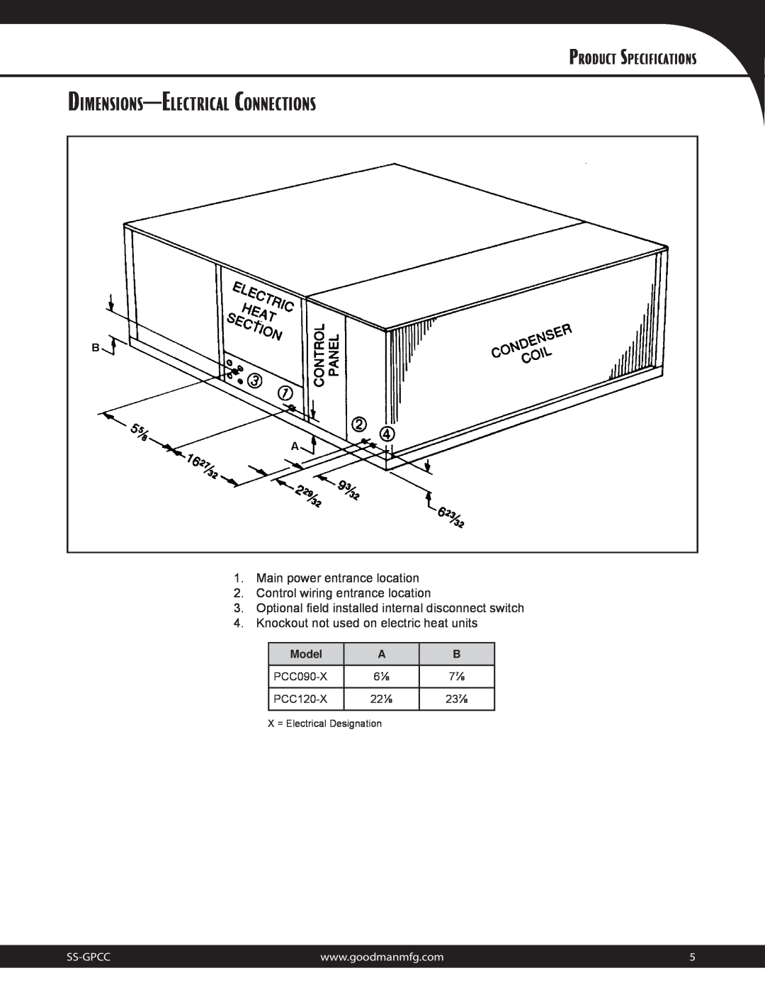 Goodman Mfg 10.3 EER Dimensions-Electrical Connections, Product Specifications, Main power entrance location, Ss-Gpcc 