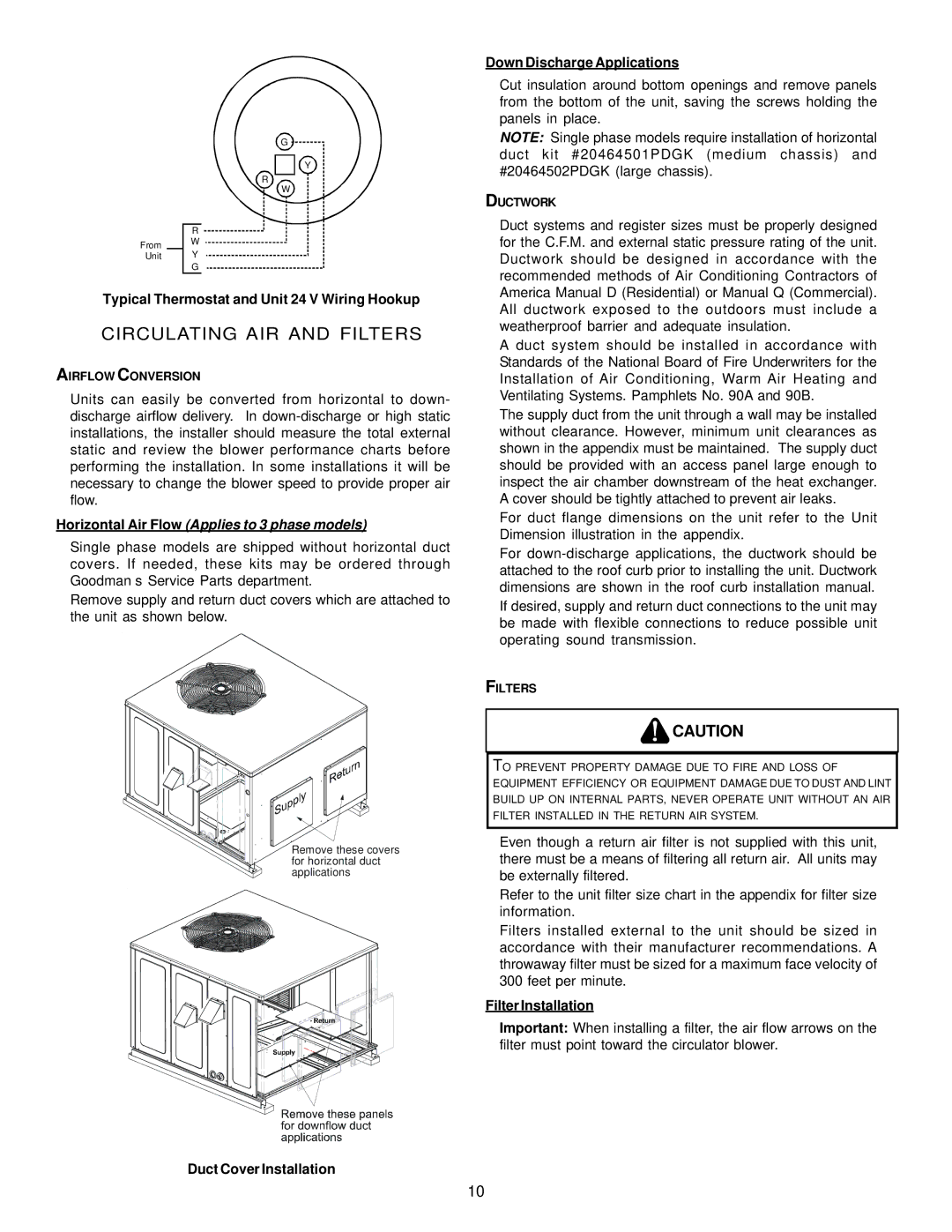 Goodman Mfg A/GPG13 M Circulating AIR and Filters, Typical Thermostat and Unit 24 V Wiring Hookup, Filter Installation 