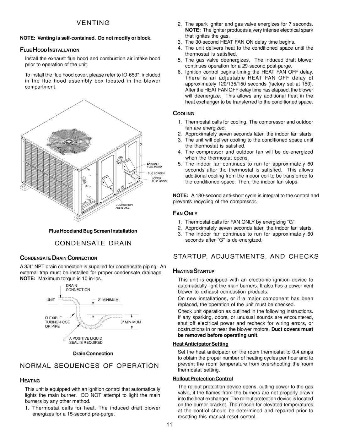 Goodman Mfg A/GPG13 M Venting, Condensate Drain, Normal Sequences of Operation, STARTUP, ADJUSTMENTS, and Checks 