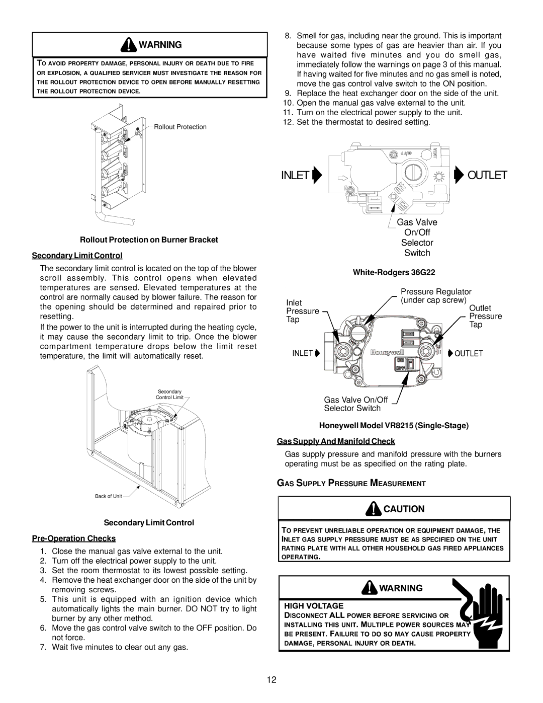 Goodman Mfg A/GPG13 M operating instructions White-Rodgers 36G22, Secondary Limit Control Pre-Operation Checks 