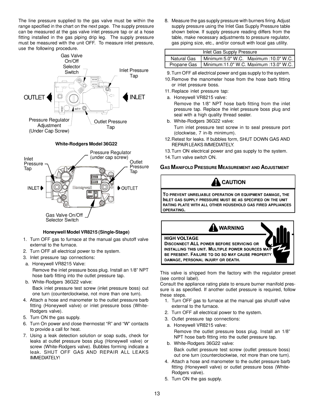 Goodman Mfg A/GPG13 M operating instructions White-Rodgers Model 36G22, Honeywell Model VR8215 Single-Stage 