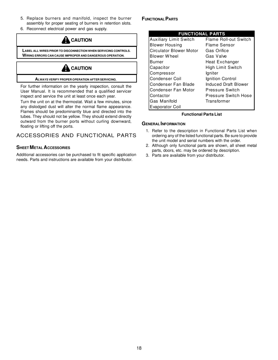 Goodman Mfg A/GPG13 M operating instructions Accessories and Functional Parts, Functional Parts List 