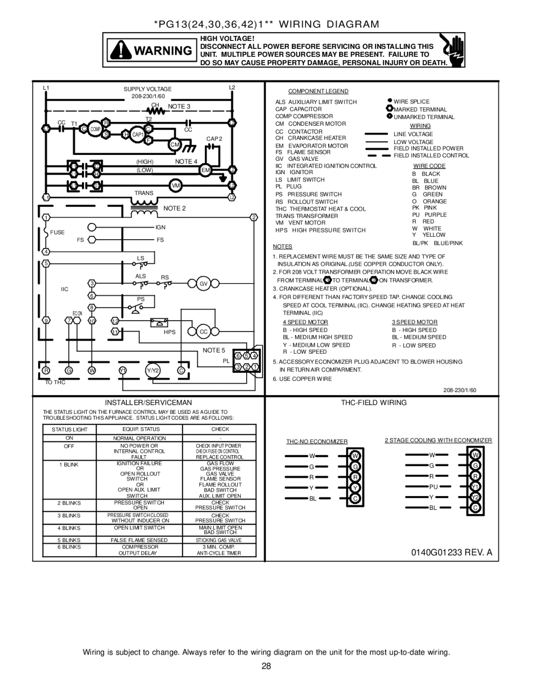 Goodman Mfg A/GPG13 M operating instructions INSTALLER/SERVICEMAN THC-FIELD Wiring 