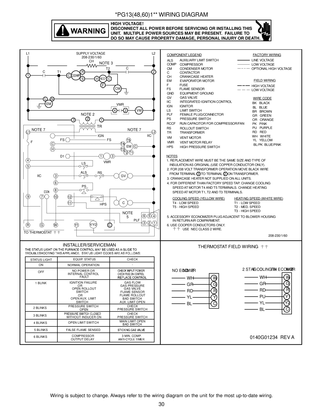 Goodman Mfg A/GPG13 M operating instructions INSTALLER/SERVICEMAN Thermostat Field Wiring, Vmr 