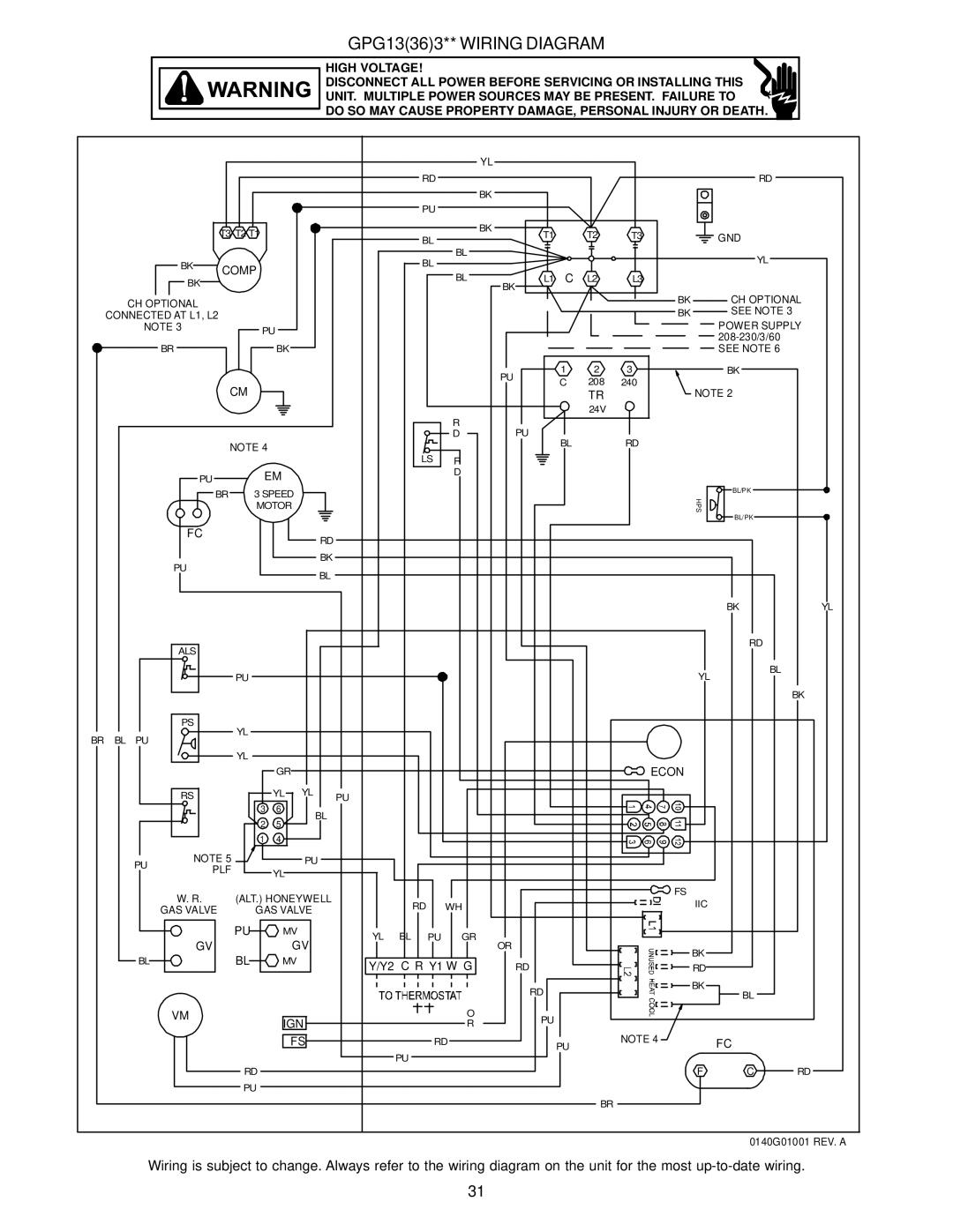 Goodman Mfg A/GPG13 M operating instructions GPG13363** Wiring Diagram 