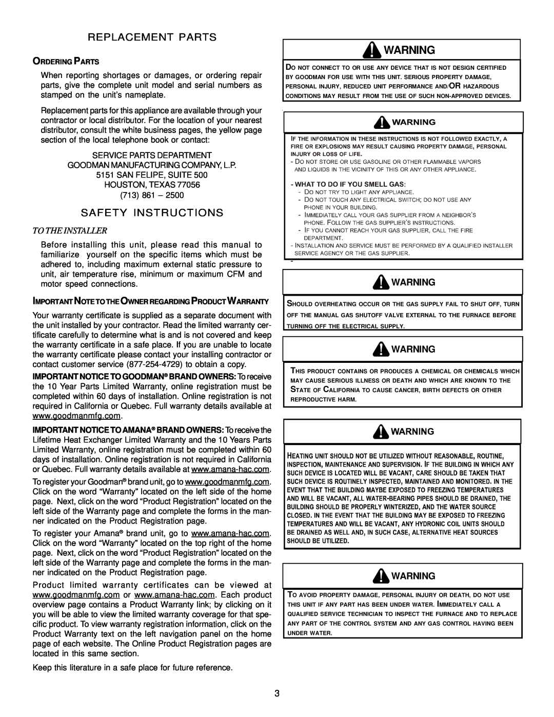 Goodman Mfg A/GPG13 M operating instructions Replacement Parts, Safety Instructions, To The Installer 
