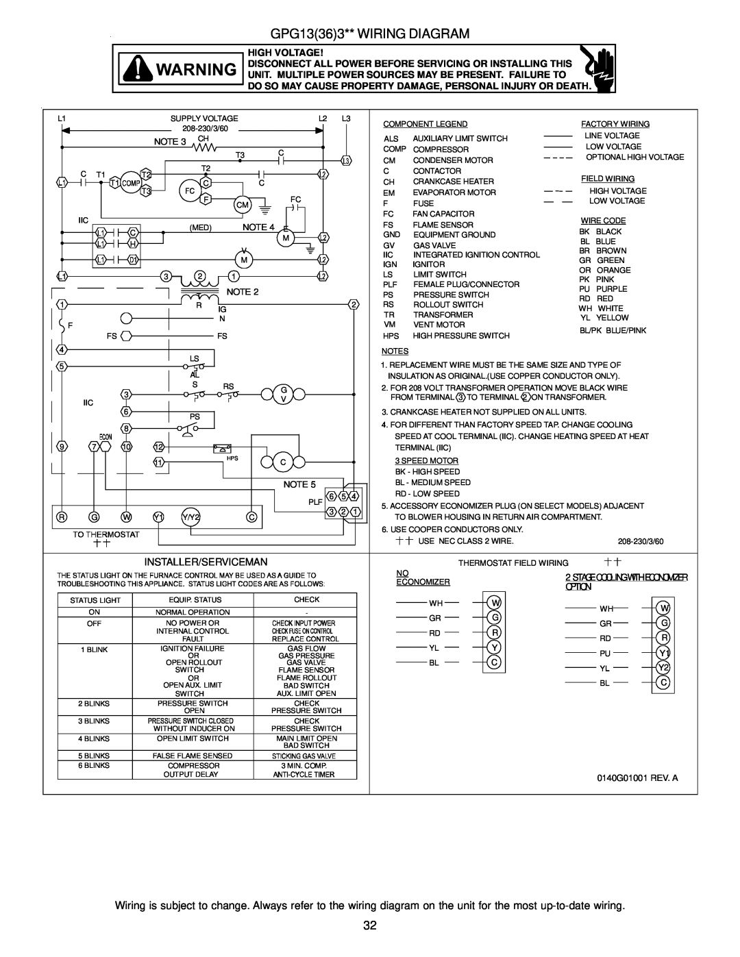 Goodman Mfg A/GPG13 M operating instructions GPG13363** WIRING DIAGRAM, NOTE 3 CH, NOTE 4 E 
