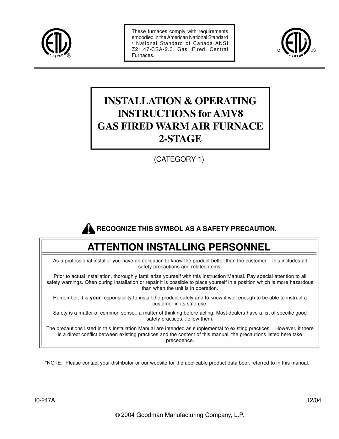 Goodman Mfg AMV8 instruction manual Installation & Operating 