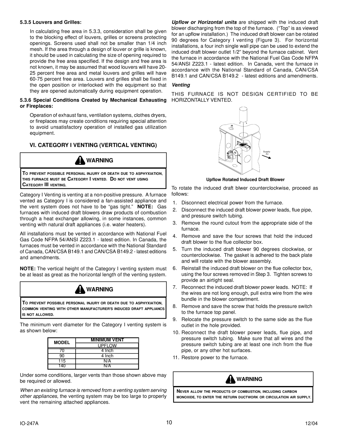 Goodman Mfg AMV8 instruction manual VI. Category I Venting Vertical Venting, Louvers and Grilles, Minimum Vent 