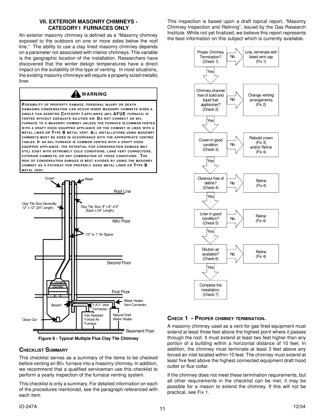 Goodman Mfg AMV8 instruction manual VII. Exterior Masonry Chimneys Category I Furnaces only, Checklist Summary 