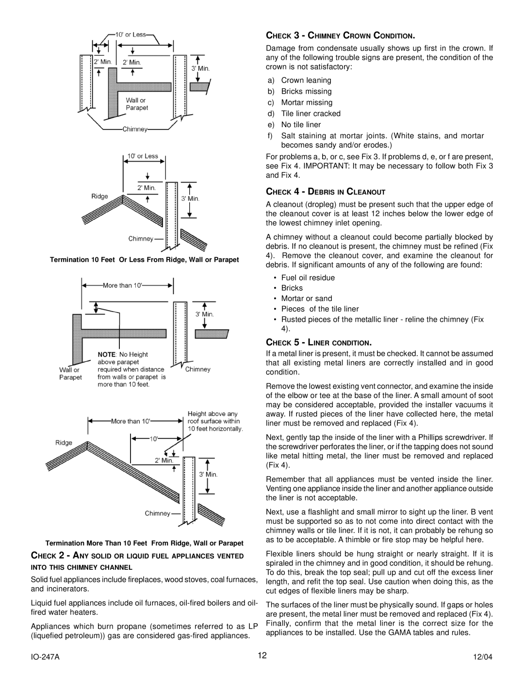 Goodman Mfg AMV8 instruction manual Check 3 Chimney Crown Condition, Check 4 Debris in Cleanout, Check 5 Liner Condition 