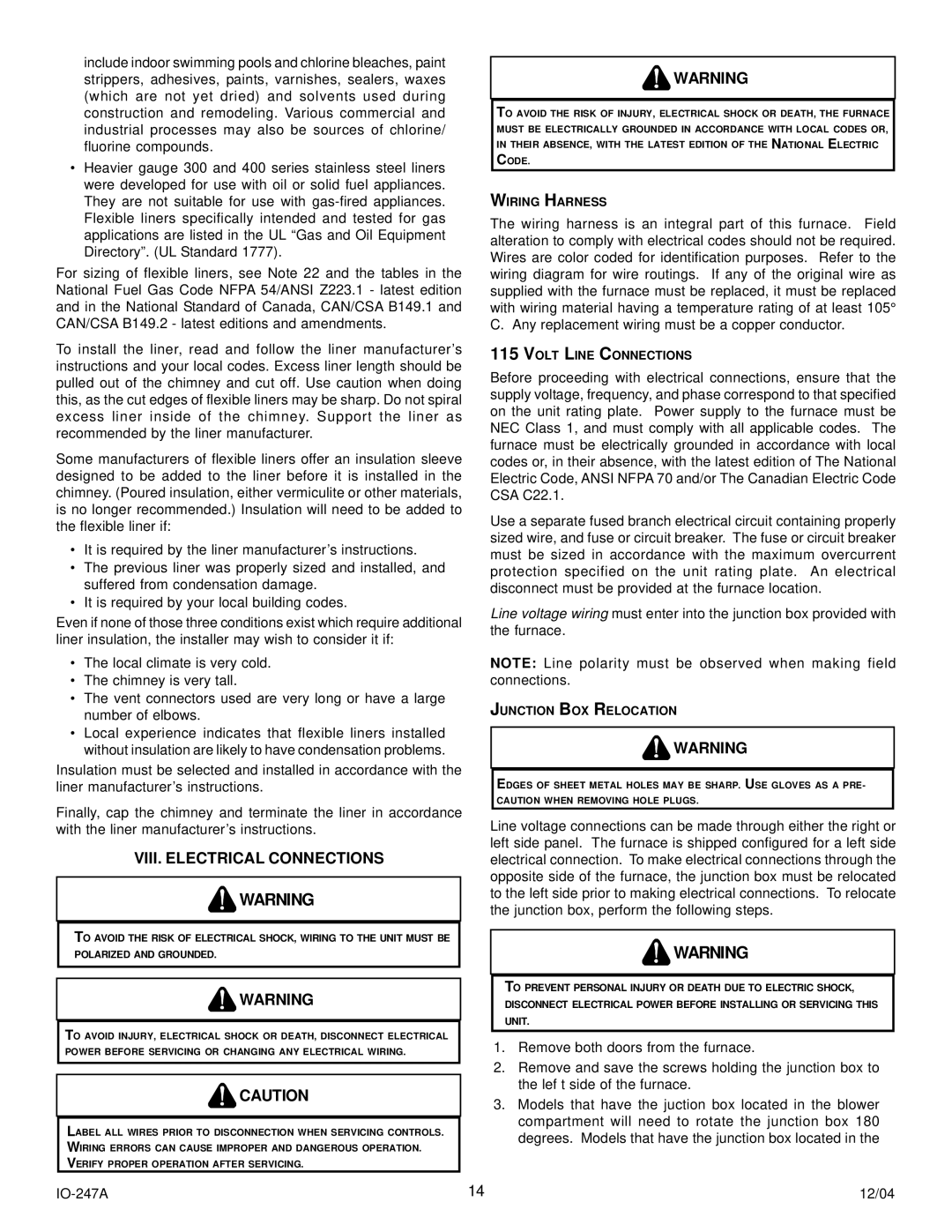 Goodman Mfg AMV8 VIII. Electrical Connections, Wiring Harness, Volt Line Connections, Junction BOX Relocation 