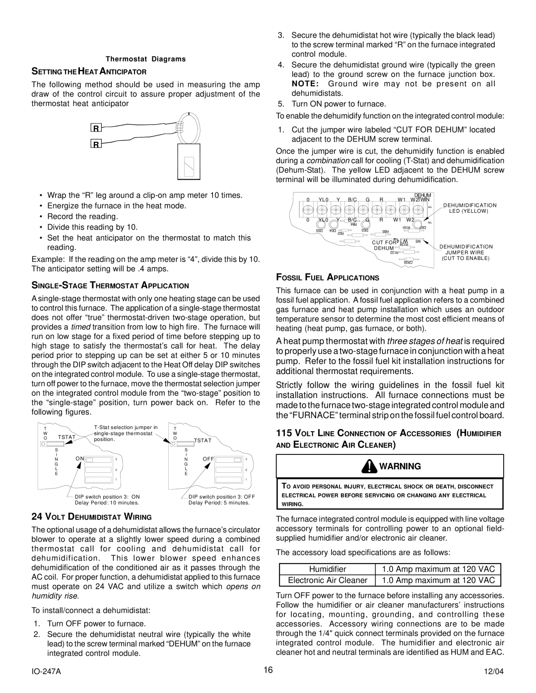 Goodman Mfg AMV8 Setting the Heat Anticipator, SINGLE-STAGE Thermostat Application, Fossil Fuel Applications 