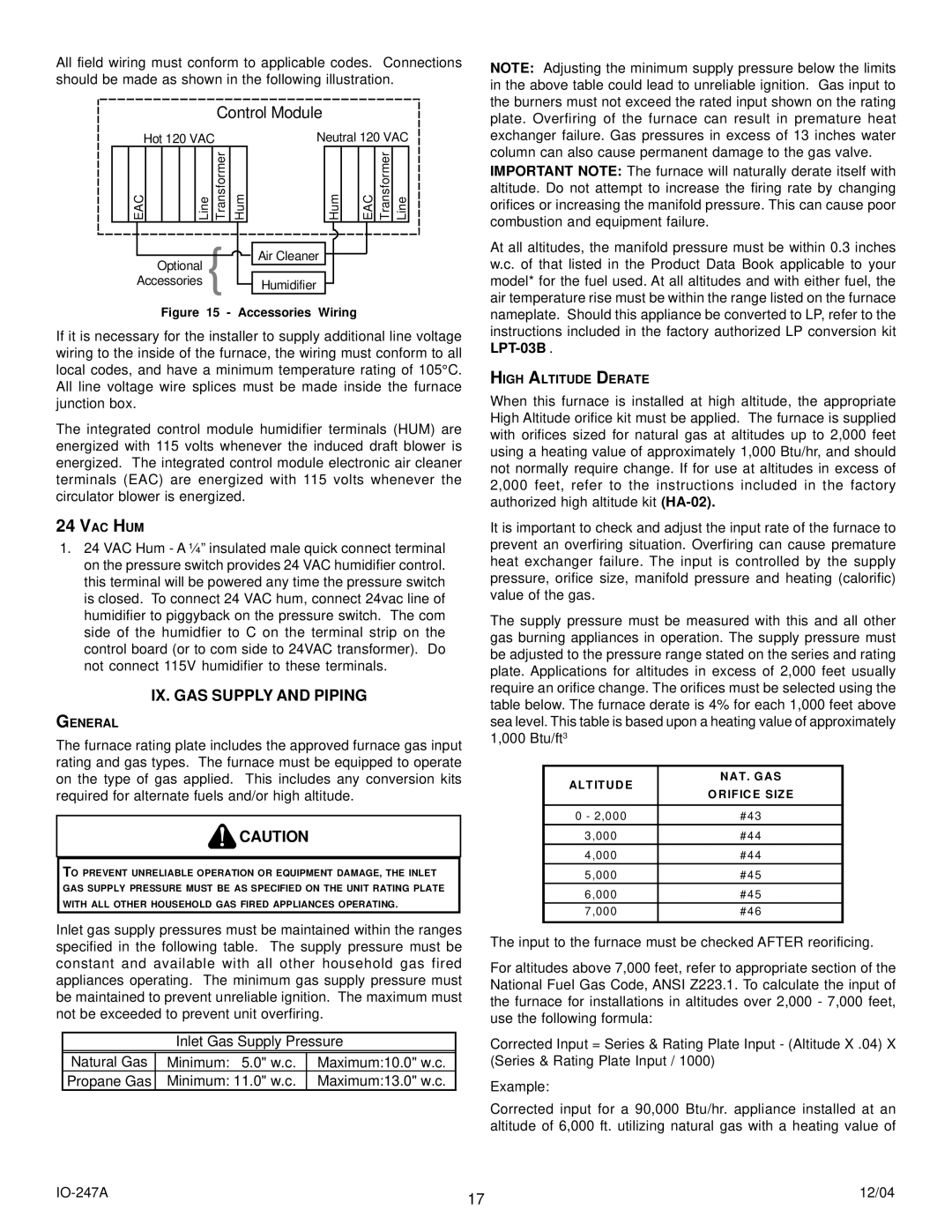 Goodman Mfg AMV8 instruction manual IX. GAS Supply and Piping, High Altitude Derate, Altitude NAT. GAS Orifice Size 