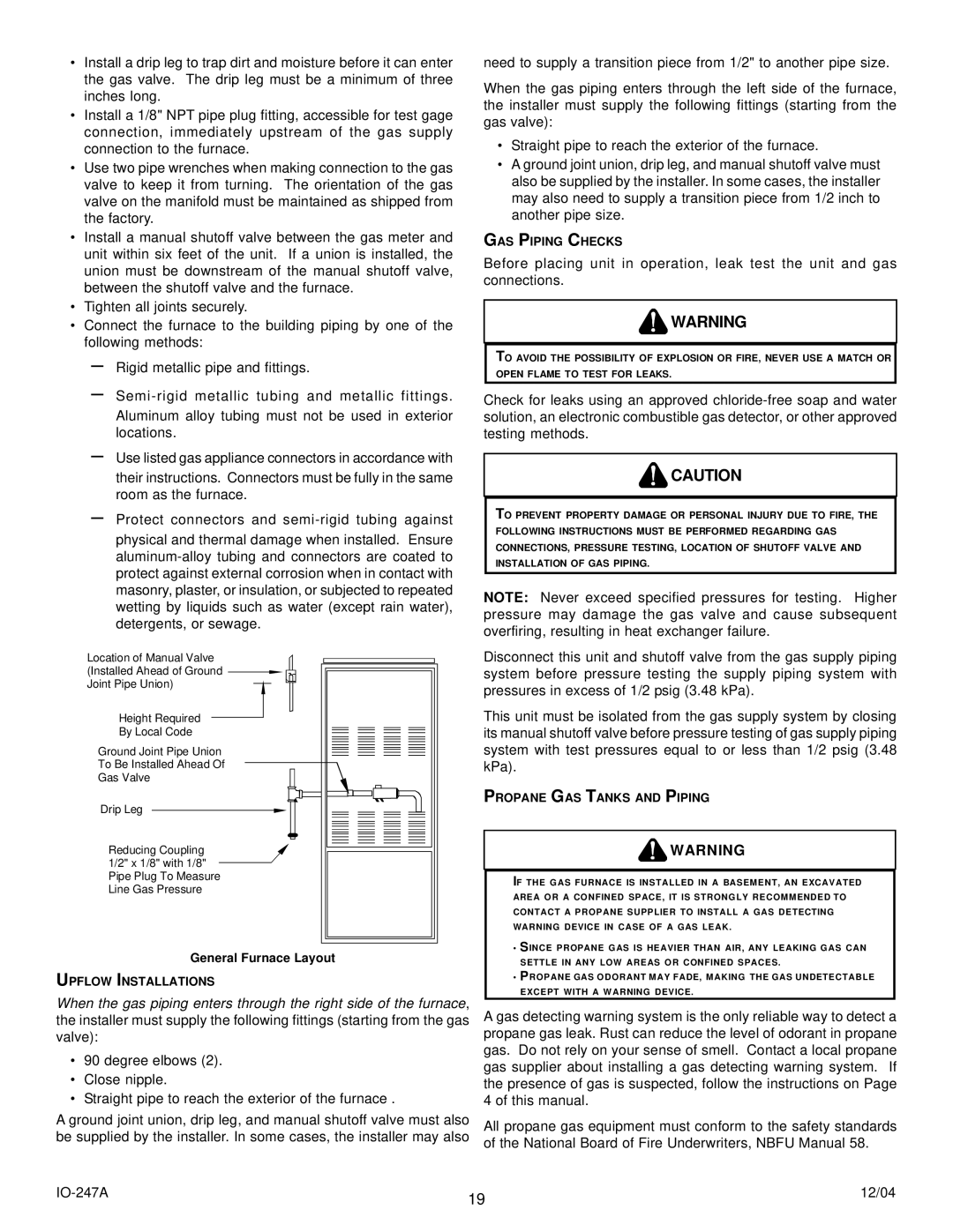 Goodman Mfg AMV8 instruction manual Upflow Installations, GAS Piping Checks, Propane GAS Tanks and Piping 