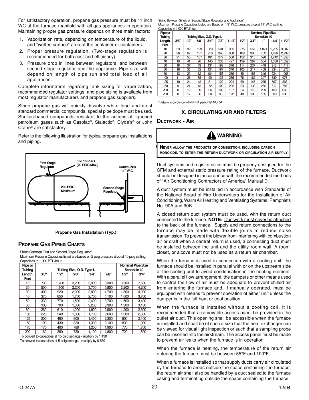 Goodman Mfg AMV8 instruction manual Circulating AIR and Filters, Ductwork AIR, Propane GAS Piping Charts 