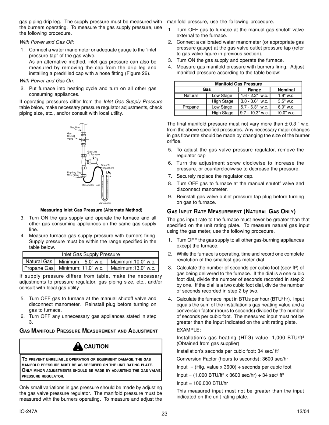 Goodman Mfg AMV8 GAS Input Rate Measurement Natural GAS only, GAS Manifold Pressure Measurement and Adjustment 