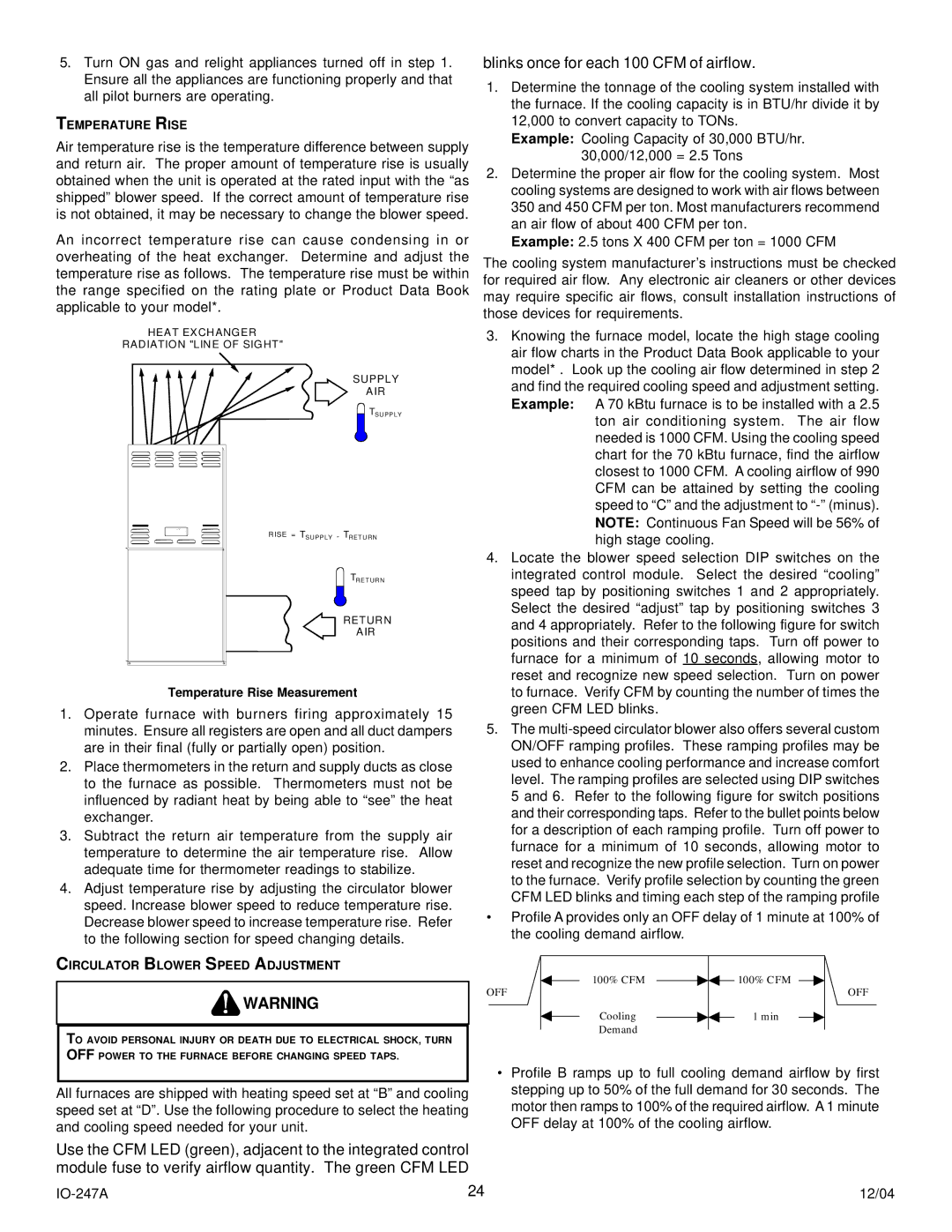 Goodman Mfg AMV8 instruction manual Temperature Rise, Circulator Blower Speed Adjustment 