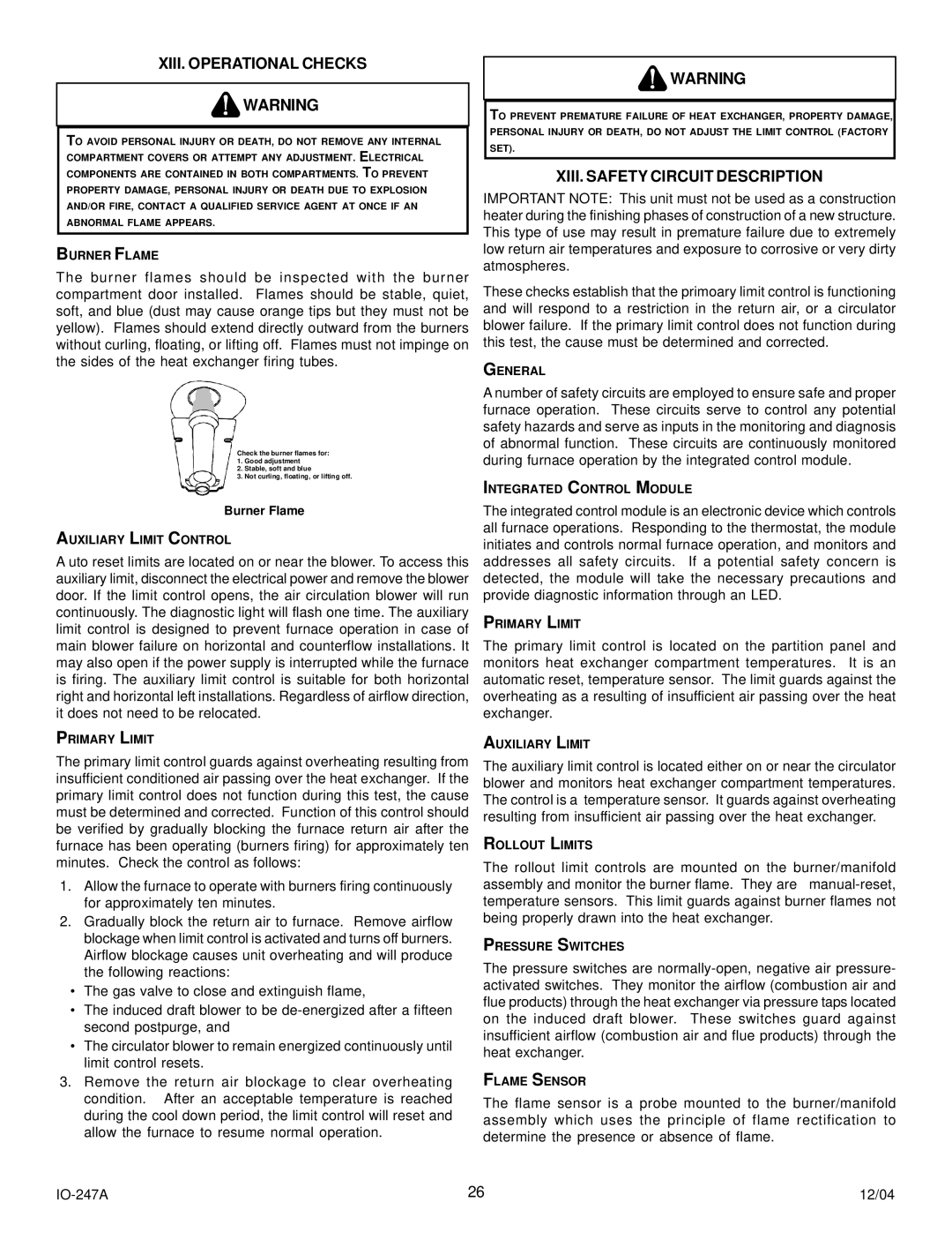 Goodman Mfg AMV8 instruction manual XIII. Operational Checks, XIII. Safety Circuit Description 