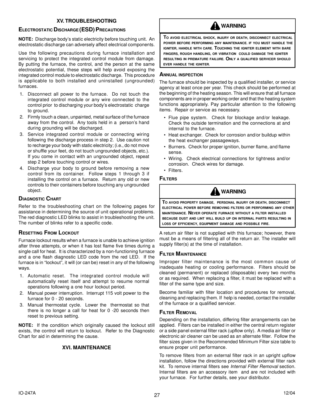 Goodman Mfg AMV8 instruction manual XV. Troubleshooting, XVI. Maintenance 