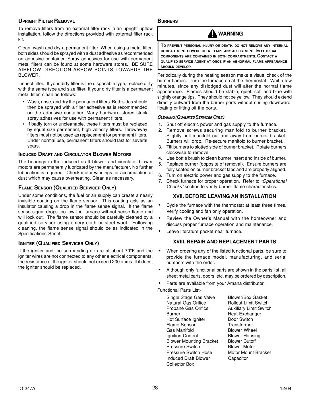 Goodman Mfg AMV8 instruction manual XVII. Before Leaving AN Installation, XVIII. Repair and Replacement Parts 