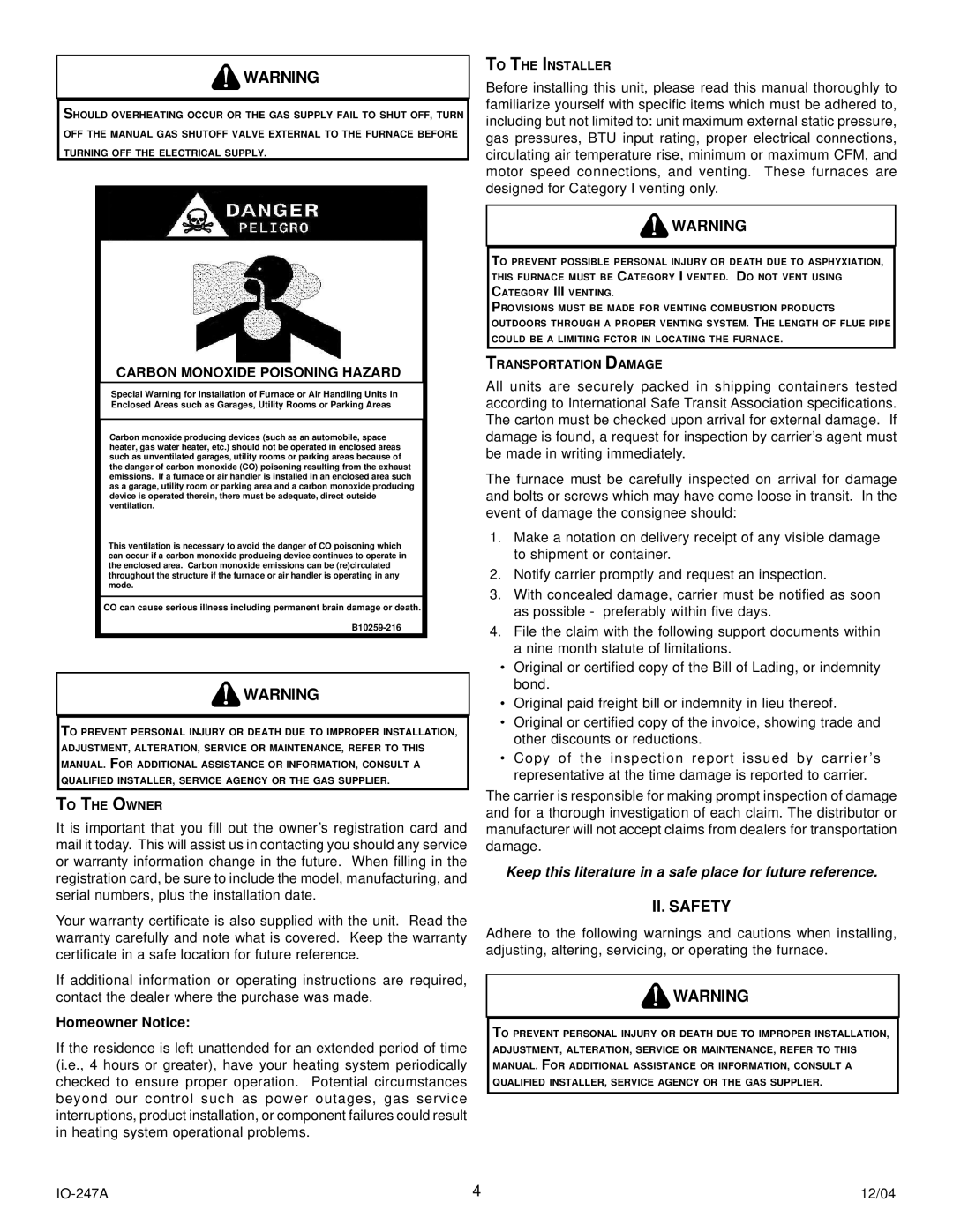 Goodman Mfg AMV8 instruction manual II. Safety, Homeowner Notice, To the Owner, To the Installer, Transportation Damage 