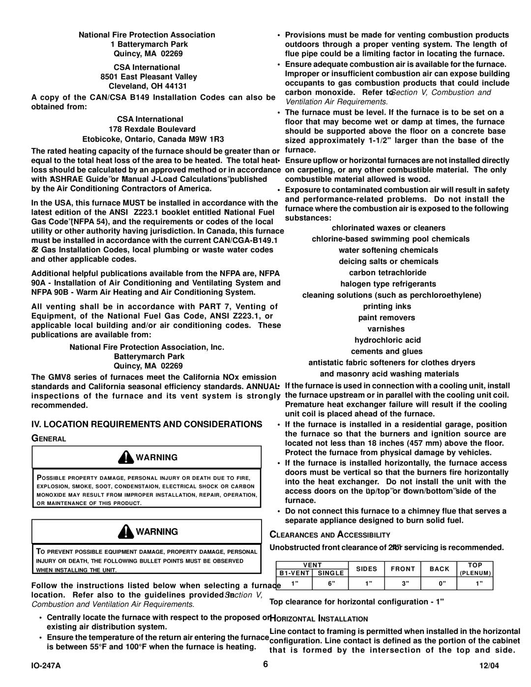 Goodman Mfg AMV8 IV. Location Requirements and Considerations, National Fire Protection Association, CSA International 