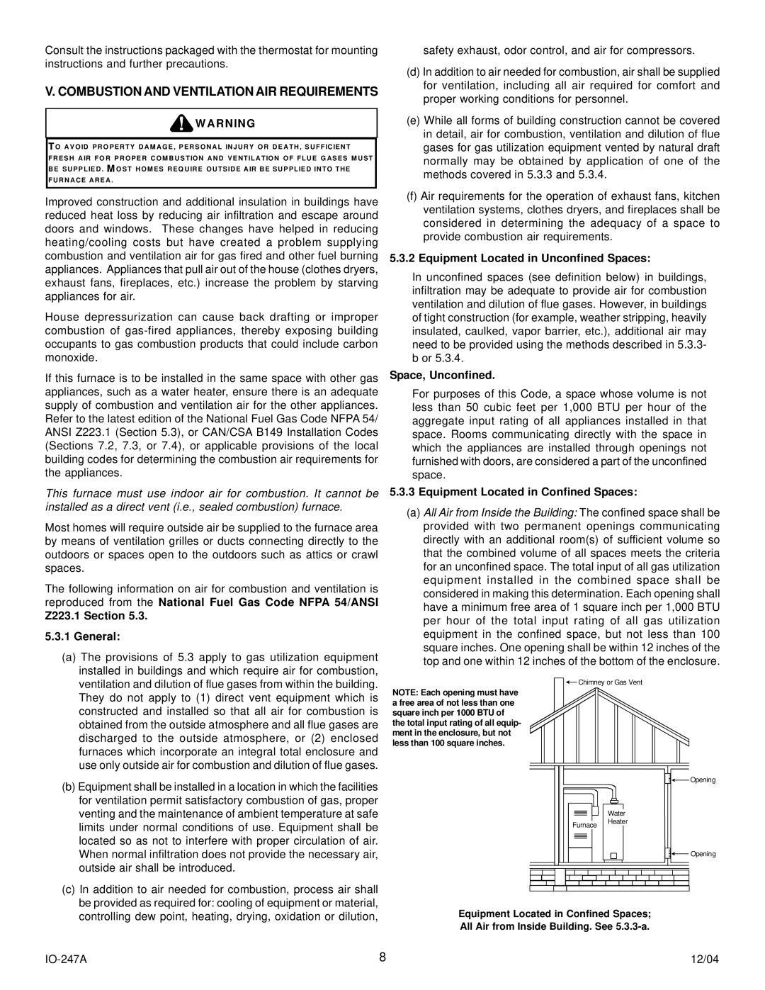 Goodman Mfg AMV8 instruction manual Combustion and Ventilation AIR Requirements, Z223.1 Section General, Space, Unconfined 