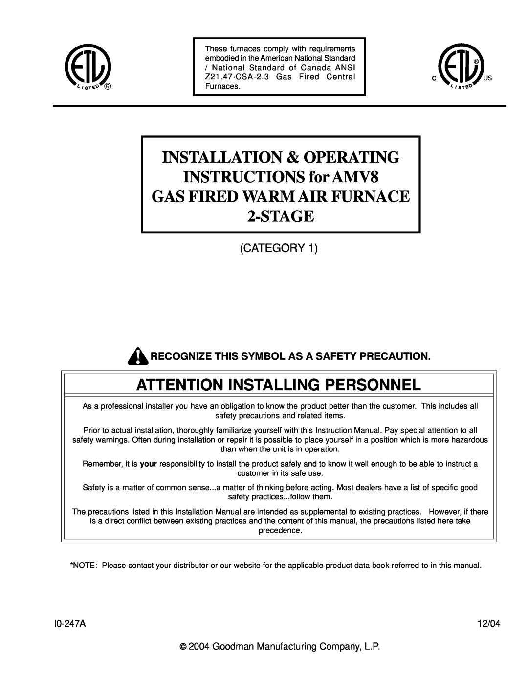 Goodman Mfg AMV8 instruction manual Attention Installing Personnel, Recognize This Symbol As A Safety Precaution, I0-247A 