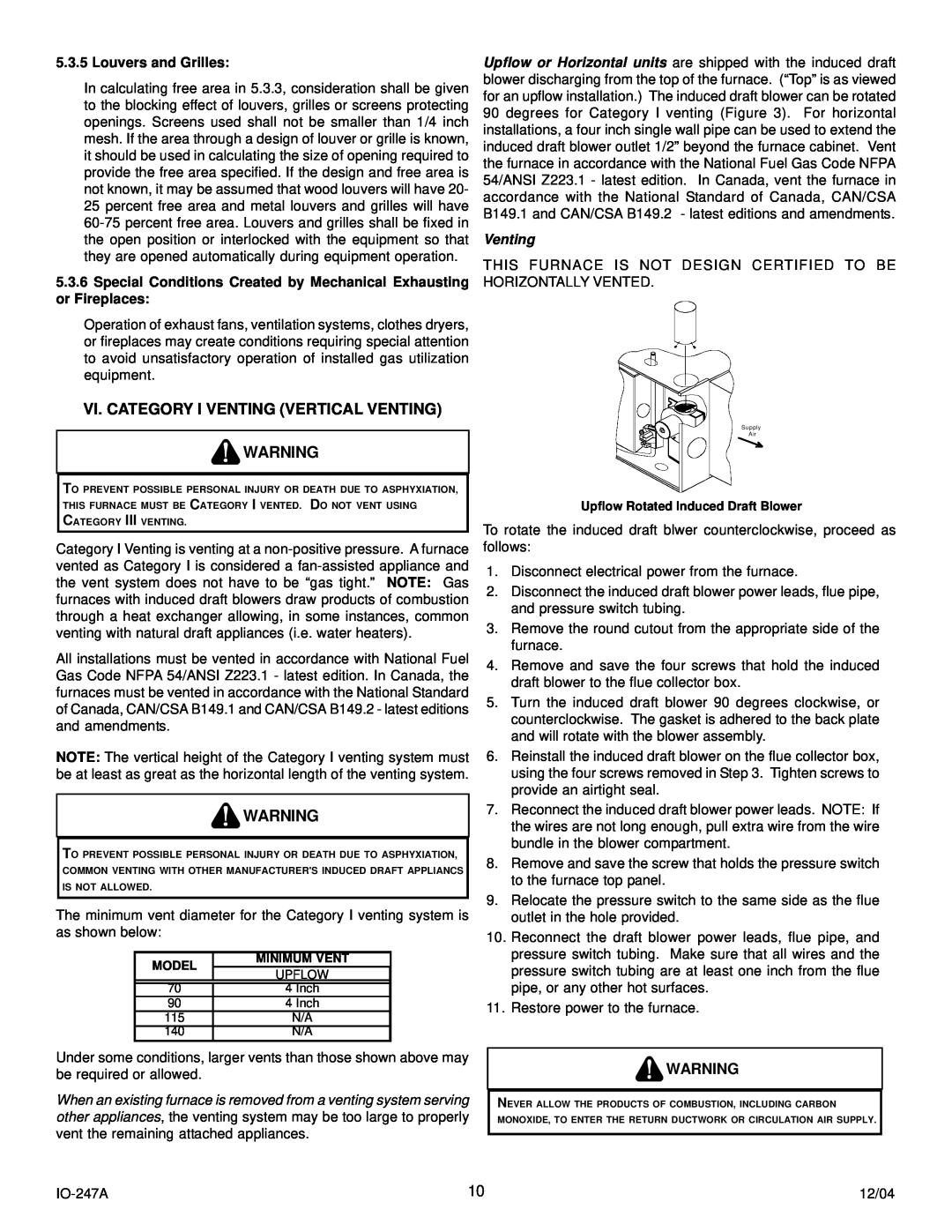 Goodman Mfg AMV8 instruction manual Vi. Category I Venting Vertical Venting, Louvers and Grilles 