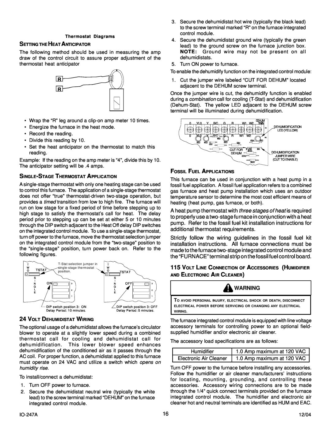 Goodman Mfg AMV8 instruction manual Humidifier, Amp maximum at 120 VAC, Thermostat Diagrams 