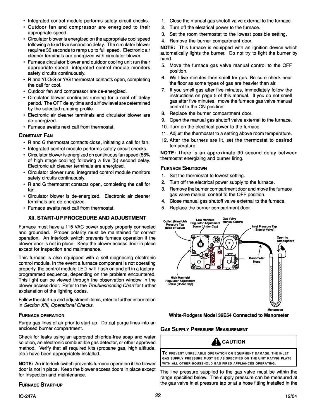 Goodman Mfg AMV8 Xii. Start-Up Procedure And Adjustment, White-Rodgers Model 36E54 Connected to Manometer 