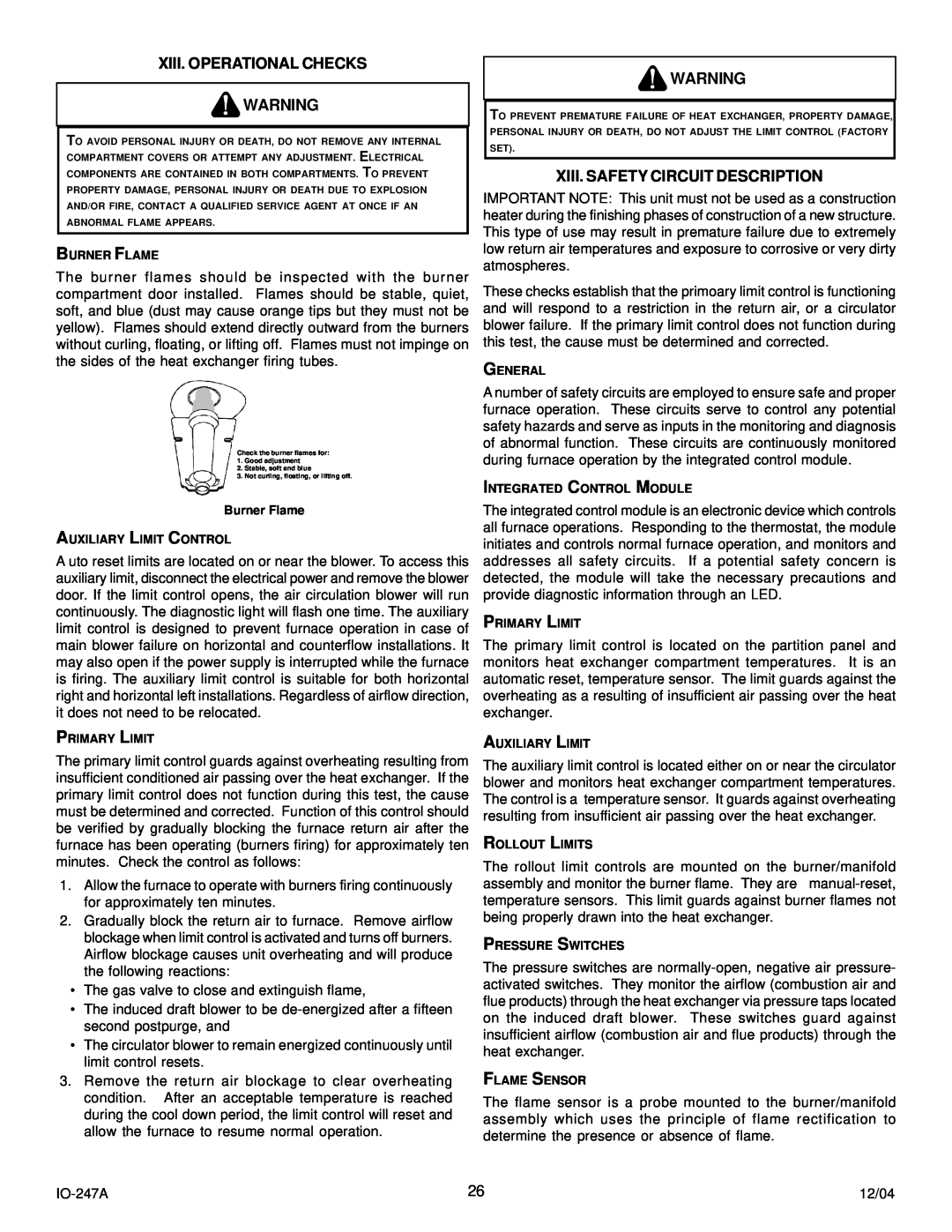 Goodman Mfg AMV8 instruction manual Xiii. Operational Checks, Xiii. Safety Circuit Description, Burner Flame 