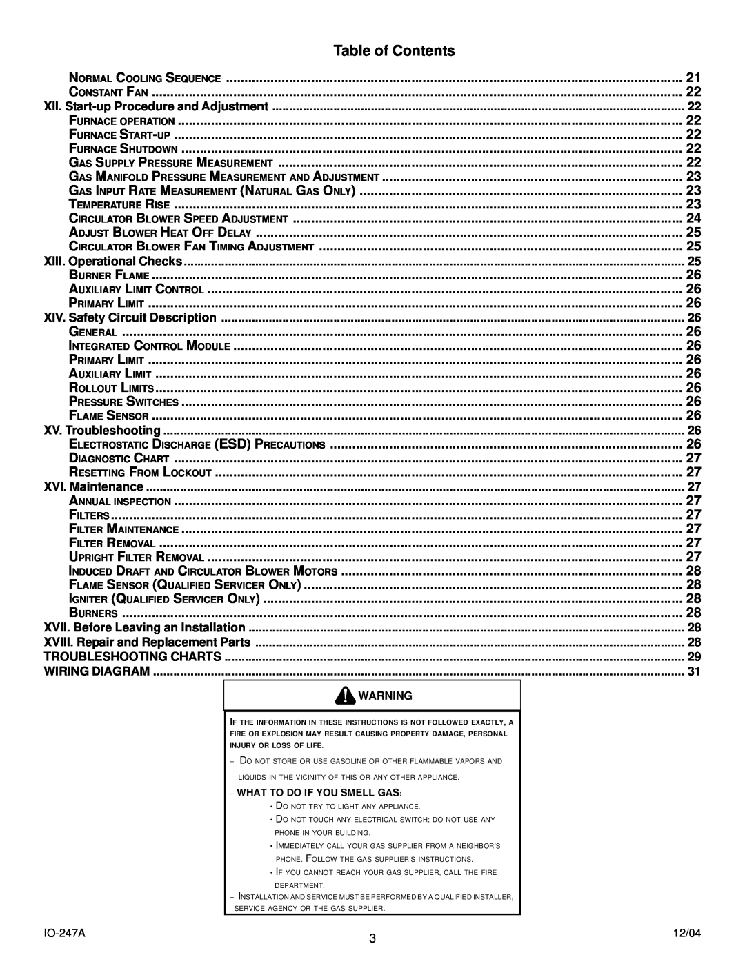 Goodman Mfg AMV8 Table of Contents, XII. Start-up Procedure and Adjustment, XIII. Operational Checks, XV. Troubleshooting 