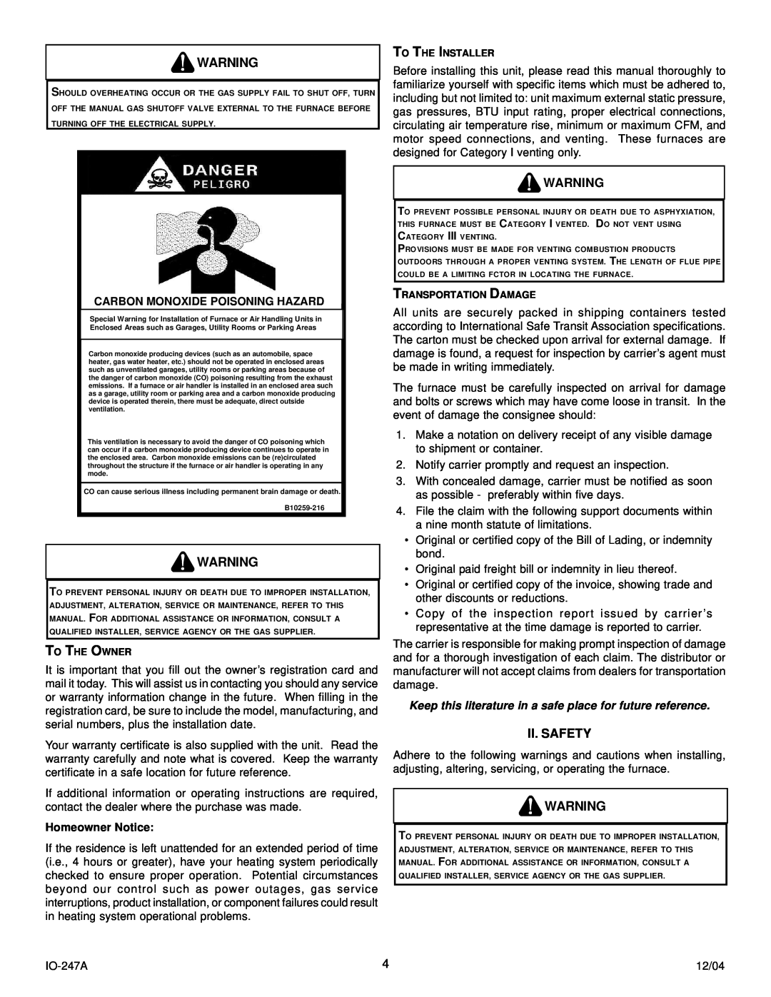 Goodman Mfg AMV8 instruction manual Ii. Safety, Carbon Monoxide Poisoning Hazard, Homeowner Notice 