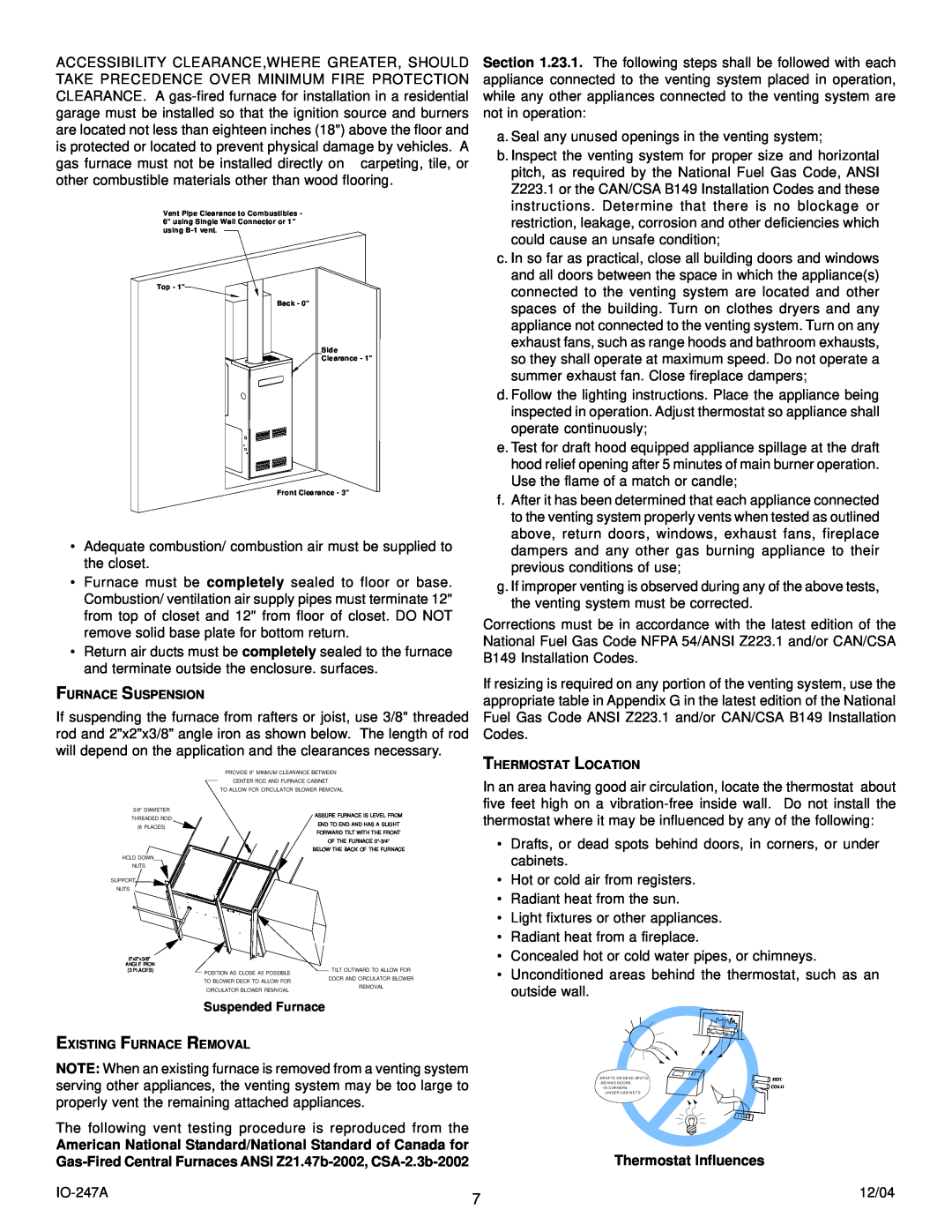 Goodman Mfg AMV8 instruction manual Thermostat Influences, Suspended Furnace 