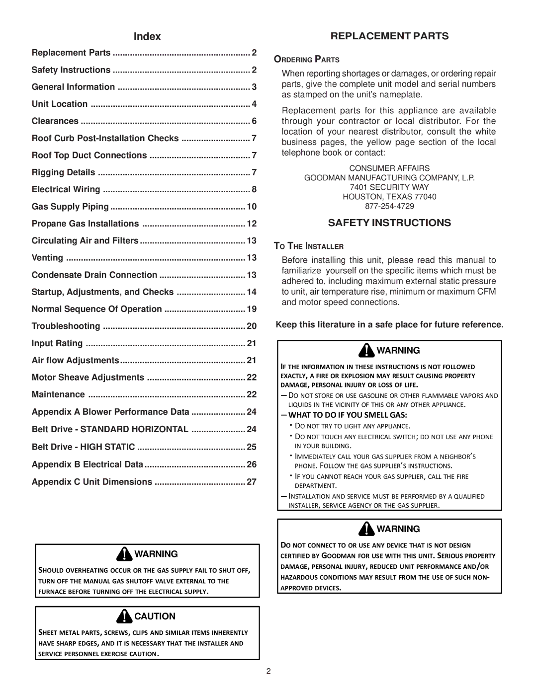 Goodman Mfg ANSI Z21.47CSA-2.3 installation instructions Replacement Parts, Safety Instructions 