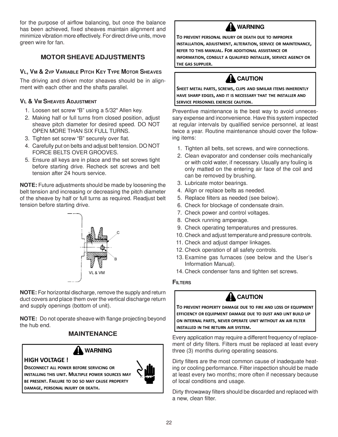 Goodman Mfg ANSI Z21.47CSA-2.3 installation instructions Motor Sheave Adjustments, Maintenance 