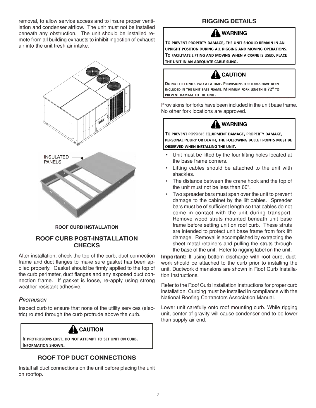 Goodman Mfg ANSI Z21.47CSA-2.3 Roof Curb POST-INSTALLATION Checks, Roof TOP Duct Connections, Rigging Details 