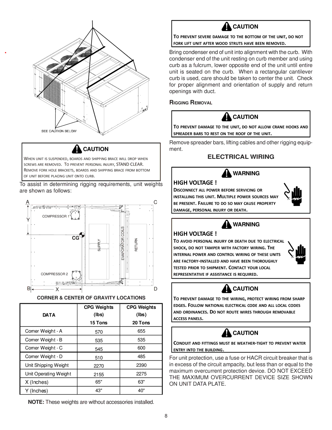 Goodman Mfg ANSI Z21.47CSA-2.3 installation instructions Electrical Wiring, Corner & Center of Gravity Locations 