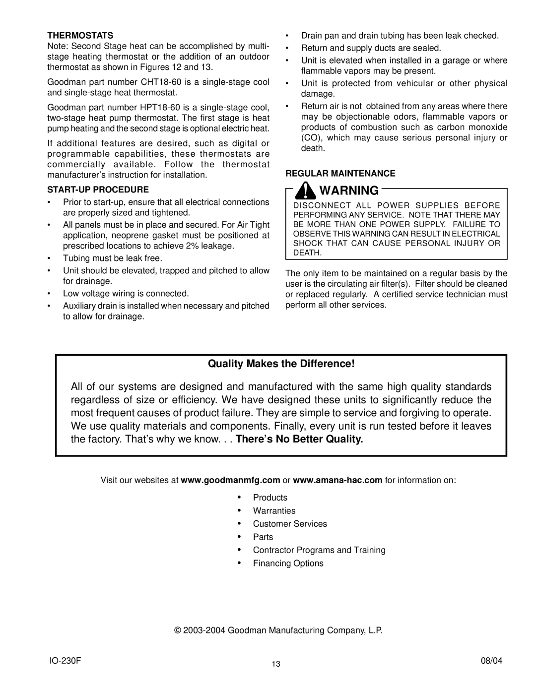 Goodman Mfg ARPF, ARPT, AEPT operating instructions Thermostats, START-UP Procedure, Regular Maintenance 