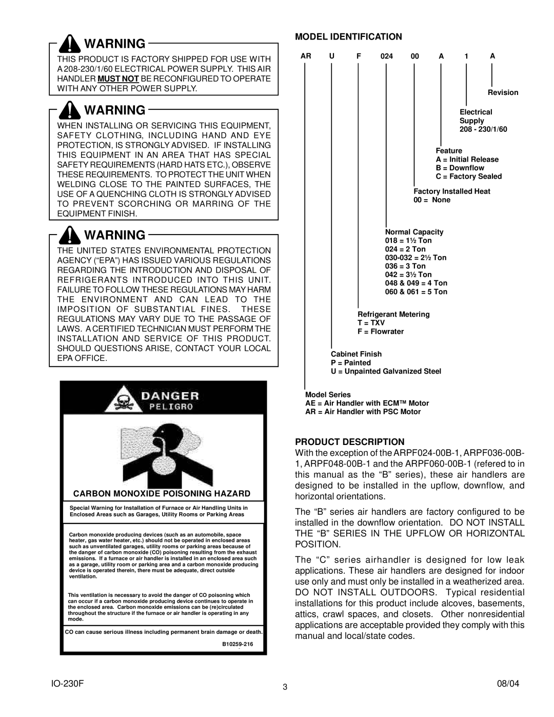 Goodman Mfg ARPT, ARPF, AEPT operating instructions Model Identification, Product Description 