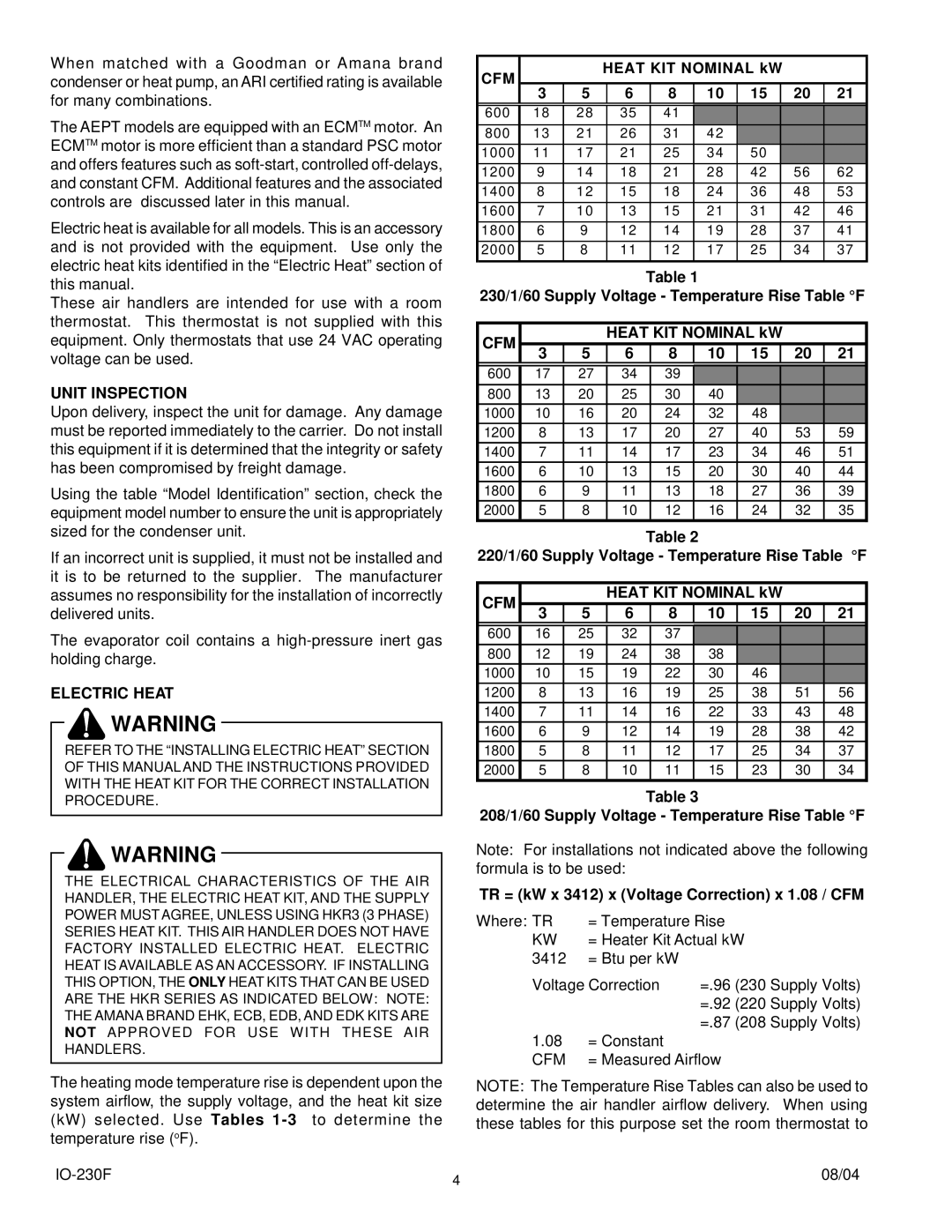 Goodman Mfg ARPF, ARPT, AEPT operating instructions Unit Inspection, Electric Heat, Cfm 