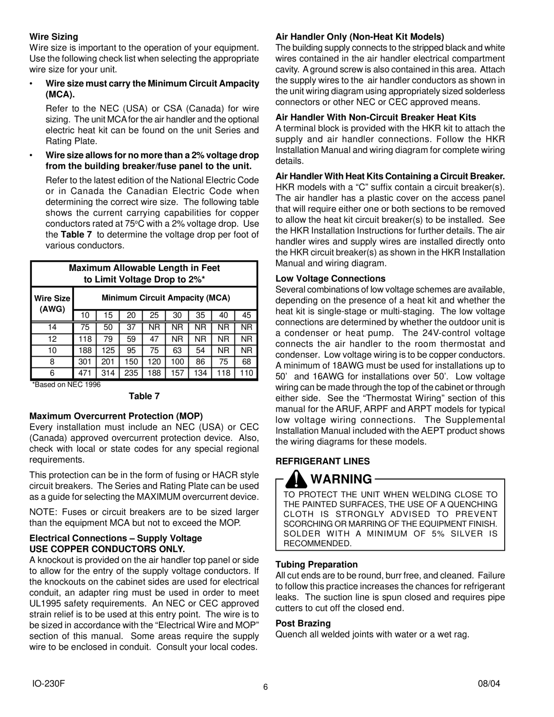 Goodman Mfg ARPT, ARPF, AEPT operating instructions USE Copper Conductors only, Refrigerant Lines 