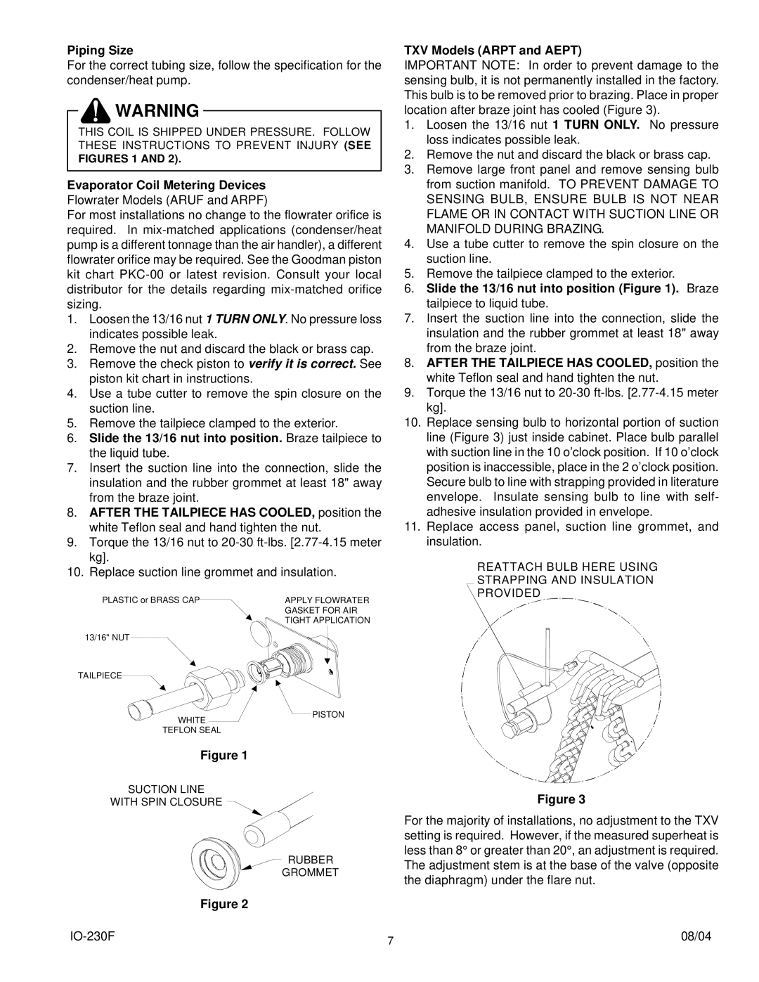 Goodman Mfg ARPF, ARPT, AEPT operating instructions Piping Size, Evaporator Coil Metering Devices, TXV Models Arpt and Aept 